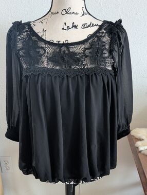 Black Crochet Yoke Women's Blouse - Sheer Sleeve Peasant Top